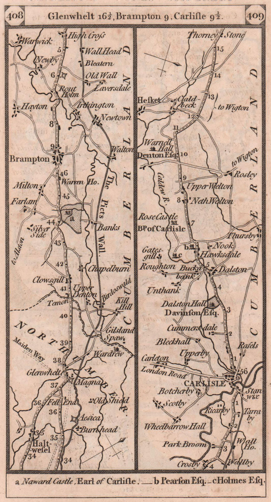 Haltwhistle - Brampton - Carlisle - Dalston road strip map PATERSON 1803
